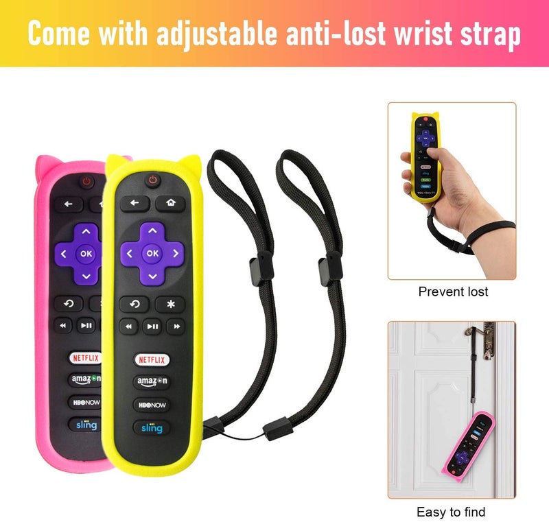 Bedycoon ï¼ˆPack of 2ï¼‰ Pink + Yellow Silicone Protective Soft Cases Covers for RC280 TCL ROKU TV Remote Control with Wrist Strap Cute Fashionable Case only - Image 2